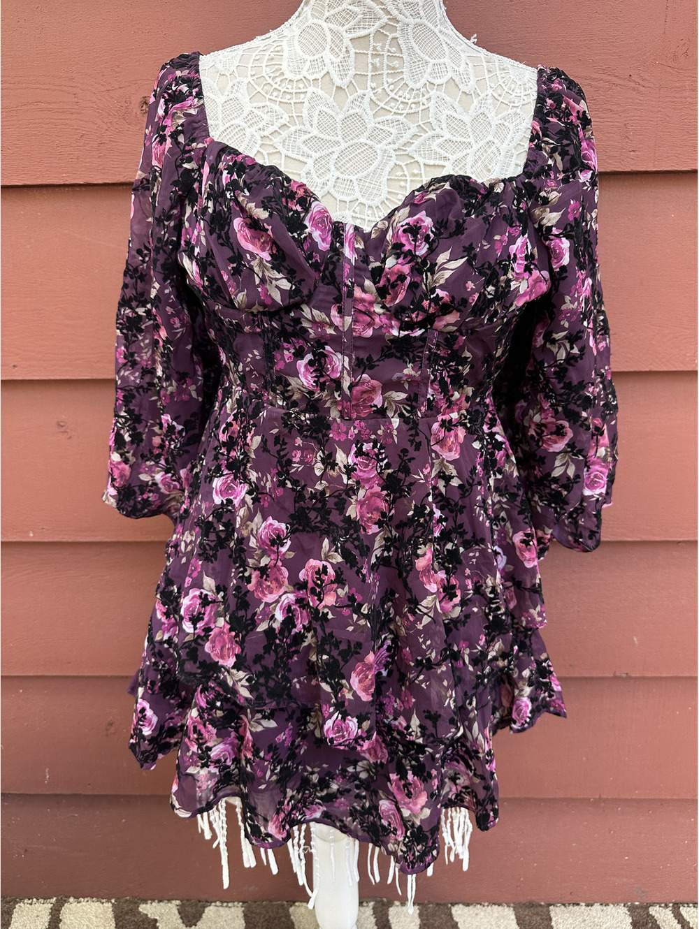 Altar'd State Burgundy Floral Velvet Mini Dress with Ruffles and Puff Sleeves